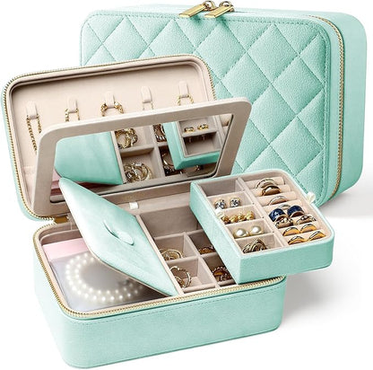 Velvet Travel Jewelry Box with Large Mirror, Double-Layer Jewelry Organizer Case for Women and Girls, Portable Storage Case with 6 Anti-Tarnish Bags Gift Ready for Her (Mint Green)