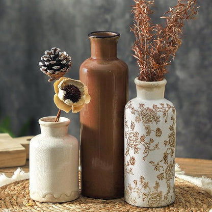 Vintage Vase Set of 3, Ceramic Vintage Flower Vases, Chinoiserie Decorative Home Decor Retro Floral Vase Rustic Farmhouse Decor for Table Bookshelf Mantel Kitchen Living Room Office - Brown
