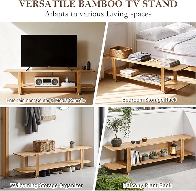 Tiita Bamboo TV Stand for 55 Inch TV, Entertainment Center with 2 Open Shelf, Mid Century Modern Media Console for Living Room, Bedroom, Wood
