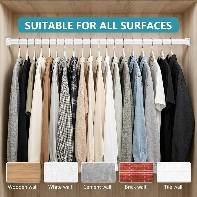 STARLATTA Heavy Duty White Closet Rod: 17-69 Inch Stepless Adjustable Clothes Hanging Bar, 1.3" Diameter Metal Wardrobe Pole with Brackets, No-Cut, for Laundry & RV