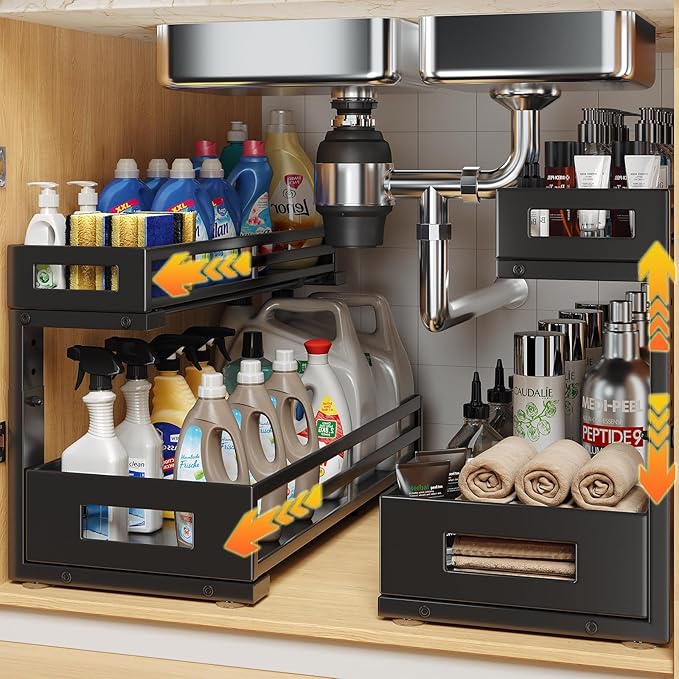 2-Pack 19"Deep Under Sink Organizer And Storage, 2-Tier L-Shaped Pull Out Cabinet Organizer with Upgraded Slide Rails, Height Adjustable Drawers for Kitchen&Bathroom, Extra-Large Storage Shelves–Black
