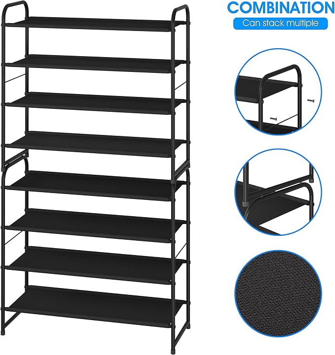 Simple Trending 4-Tier Stackable Shoe Rack, Expandable & Adjustable Fabric Shoe Shelf Storage Organizer, Black