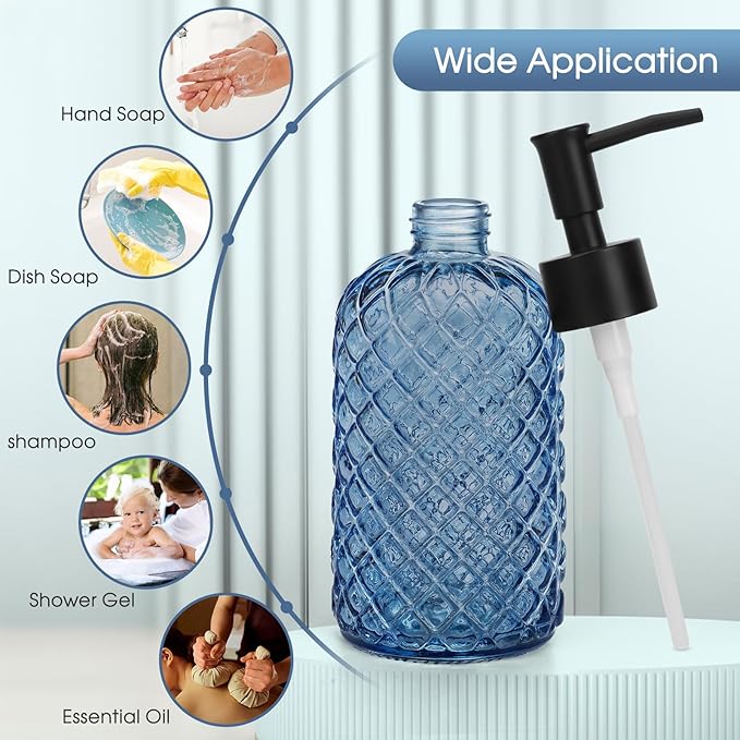 Topsky Gem Glass Soap Dispenser with Black Plastic Pump, 13oz Liquid Hand Soap Dispenser, Rustproof Pump for Kitchen & Bathroom, Great for Lotions, Essential Oil, Liquid Soaps-Blue