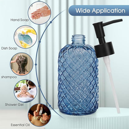 Topsky Gem Glass Soap Dispenser with Black Plastic Pump, 13oz Liquid Hand Soap Dispenser, Rustproof Pump for Kitchen & Bathroom, Great for Lotions, Essential Oil, Liquid Soaps-Blue