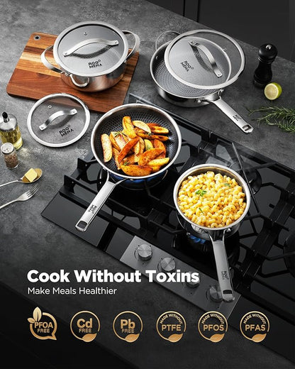 Pots and Pans Set Hybrid Stainless Steel, 10PC Nonstick Tri-Ply Cookware Set w/Frying pan, Dishwasher & Oven Safe, PFOA-Free, Metal Utensil Safe, Suitable for All Cooktops