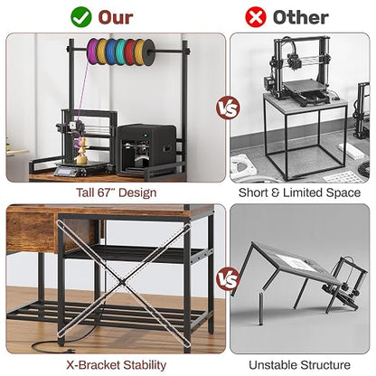 3D Printer Stand with Filament Storage – Tall 66" Heavy Duty Metal 3D Printer Table with Power Hub, Drawer & X-Bracket Stability for Workshop, Studio, Office