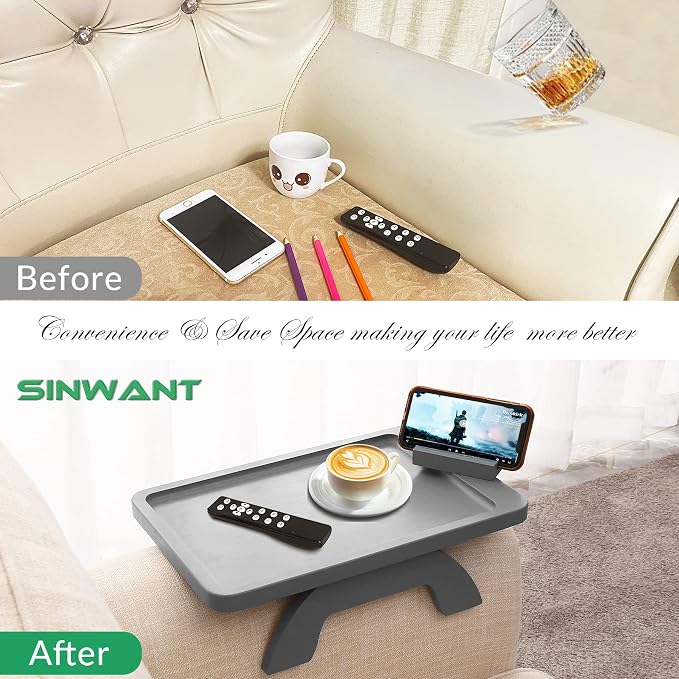 SINWANT Couch Armrest Table,Bamboo Couch Arm Tray with 360° Rotating Phone Holder,Anti Slip Foldable Sofa Arm Tray for Eating Drinking Snacks Remote on Armrest 15.35"x9.85"