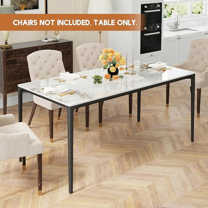 Dining Table, Sintered Stone Kitchen Table, 63'' White Modern Rectangular Slate Patio Table with Metal Legs, Indoor Outdoor Stone Dining Table for Patio, Backyard, Scratch and Heat Resistant
