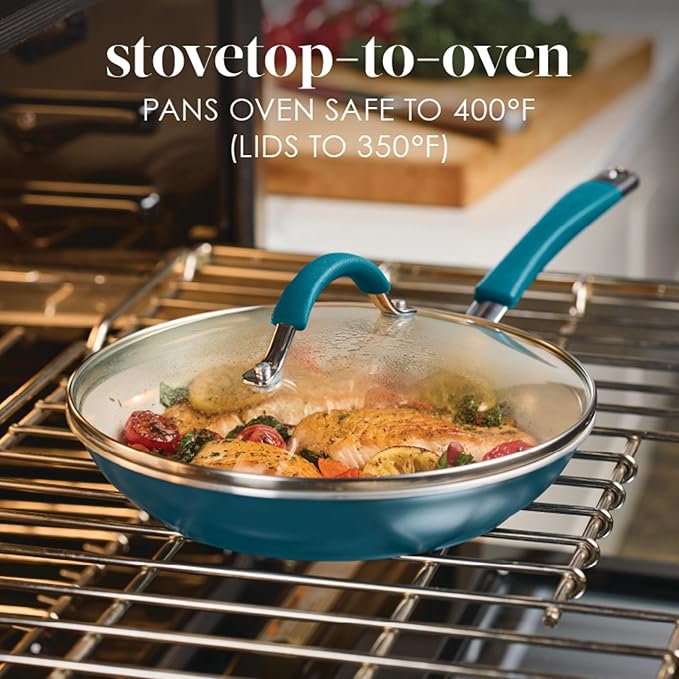 Rachael Ray Cucina Ceramic Cookware Set - 13 Pieces - Ceramic Pots and Pans Set w/Nonstick Frying Pans, Saute Pan, Saucepans, Stockpot, Lids, Pan Protectors - Marine Blue