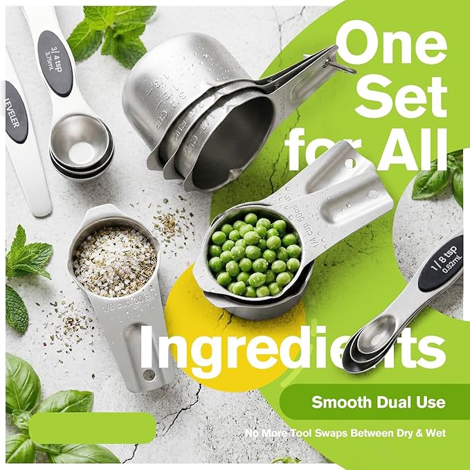 ChefAide Measuring Cups and Spoons Set, 304 Stainless Steel Measuring Cups Set of 7,8 Magnetic Stainless Steel Measuring Spoons & 1 Leveler for for Measure Dry and Liquid Ingredients