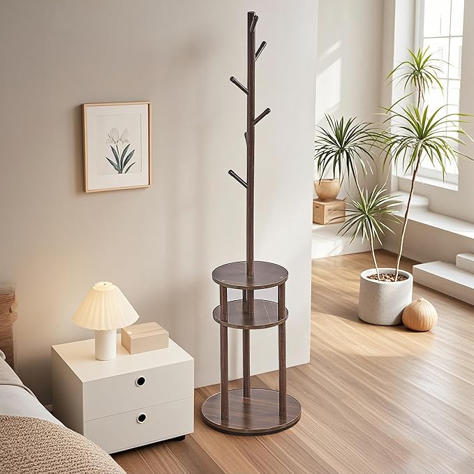 VECELO Coat Rack Freestanding, Entryway Hanger Stand, Umbrella Holder, Hall Tree With Hooks, Floor Standing Tree Stand,Walnut