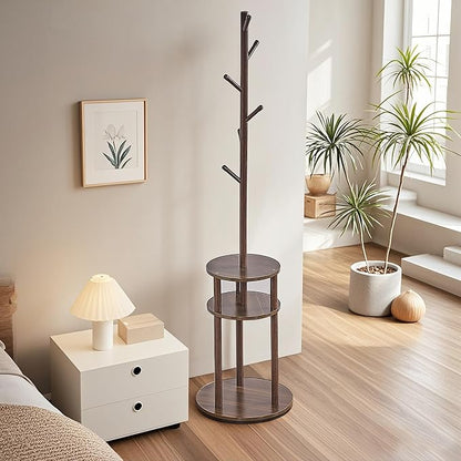 VECELO Coat Rack Freestanding, Entryway Hanger Stand, Umbrella Holder, Hall Tree With Hooks, Floor Standing Tree Stand,Walnut