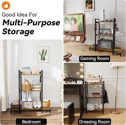 Aquzee Purse Shelf Storage, 3 Tier Stand Bag Organizer for Handbag Organizers, Backpack Storage with 4 Hooks for Holder, Large Purse Shelf for Closet, Home Living Room Bedroom Purse Storage Ideas