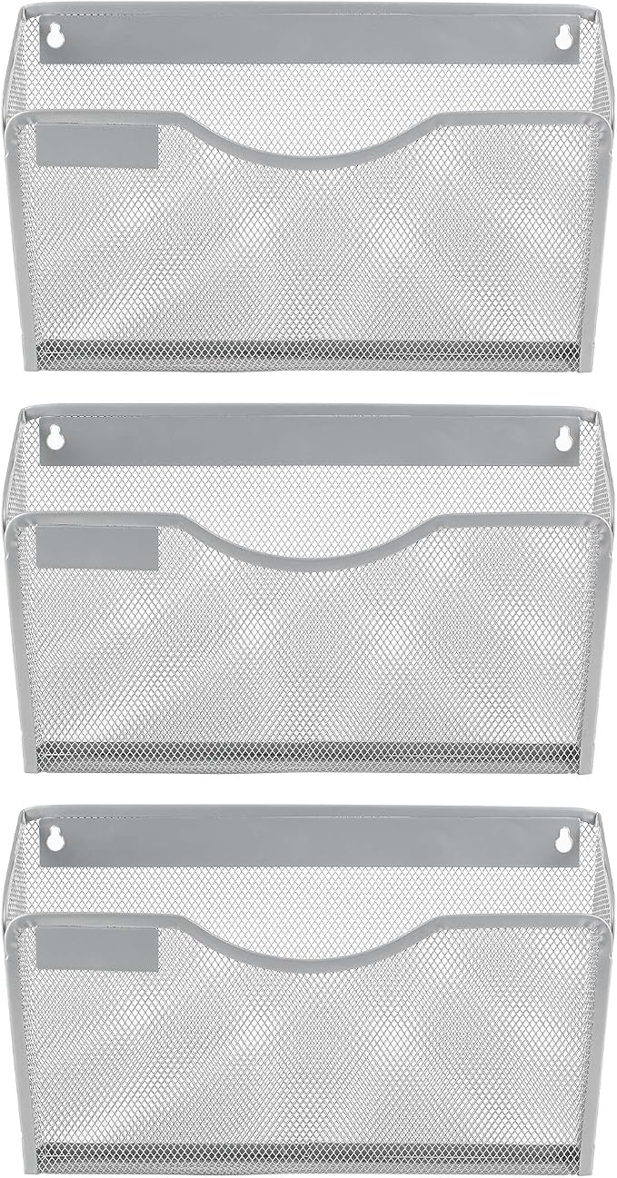 EasyPAG 3 Pack Wall File Organizer with Label Panel, Metal Mesh Hanging File Folder Holder for Letter/A4 Size Folders, Vertical Wall Mount Mail Sorter for Office Paperwork, Classroom, Silver