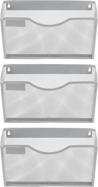 EasyPAG 3 Pack Wall File Organizer with Label Panel, Metal Mesh Hanging File Folder Holder for Letter/A4 Size Folders, Vertical Wall Mount Mail Sorter for Office Paperwork, Classroom, Silver