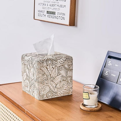 Tropical Leaves Vintage Wood Carved Square Tissue Box Cover Decorative,Tissue Box Holder, Facial Paper Holder for Bathroom Vanity Countertop, Bedroom Night Stand,Office and End Table, Rustic White