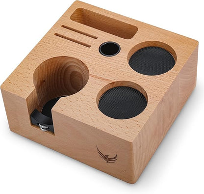 58mm Espresso Tamping Station Compact Portafilter Stand and Coffee Accessories Organizer for Espresso Machines with Tamper Holder, Distributor Slot, and Multi-Accessory Storage