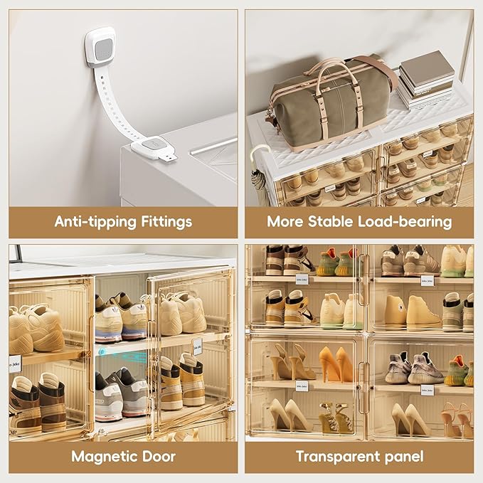 JEKO&JEKO 6 Tiers Foldable Shoe Rack Organizer Cabinet for Closet Entryway, Large Collapsible Shoe Storage Box with Magnetic Doors Fits Up to 24 Pairs (White)