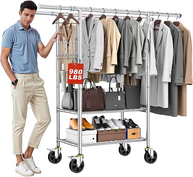Heavy Duty Clothes Rack Up to 980 LBS, 100% Stainless Steel Rolling Clothing Rack with 2 Tier Shelves, Double Rod Garment Racks for Hanging Clothing, Extendable Rolling Clothes Rack with Wheels
