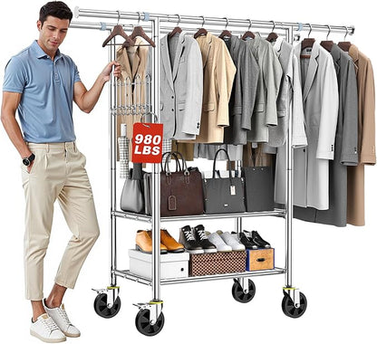 Heavy Duty Clothes Rack Up to 980 LBS, 100% Stainless Steel Rolling Clothing Rack with 2 Tier Shelves, Double Rod Garment Racks for Hanging Clothing, Extendable Rolling Clothes Rack with Wheels