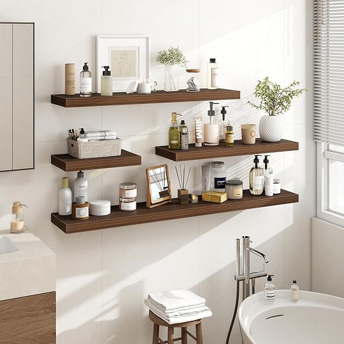 Acovy 48 Inch Floating Shelves, 48"x9.25"x1.5" Inch Deep Floating Shelves for Wall, Wooden Shelves for Bathroom, Bedroom, Living Room, Walnut, 1 Piece