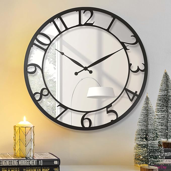 CLXEAST 21 Inch Mirrored Glass Wall Clock Decorative, Large Black Arabic Numeral Wall Clocks for Modern Farmhouse Living Room Decor,Reloj De Pared para Sala