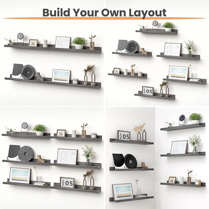 upsimples Floating Shelves for Wall, 23.6 Inch Shelves for Decor Storage Set of 6, Wall Mounted Wood Shelf for Bedroom, Living Room, Bathroom, Kitchen, Long Picture Ledge Shelves, Grey