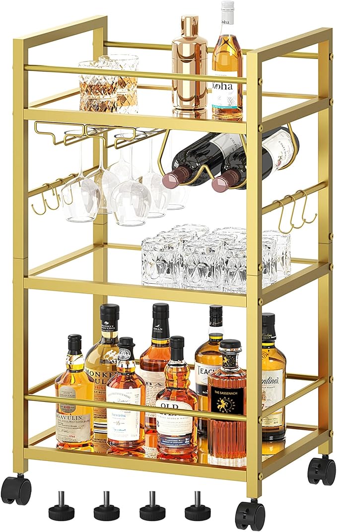 Bar Cart, Serving Cart for Home, Microwave Cart, Drink Cart, Mobile Kitchen Shelf with Wine Rack and Glass Holder, Rolling Beverage Cart for Dining Room, Gold
