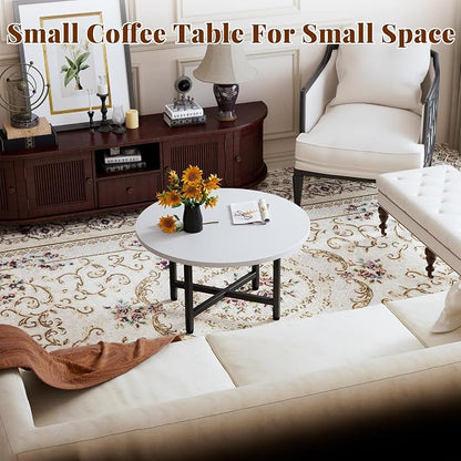 Coffee Table, 23.6" Small Coffee Tables, Gray Round Coffee Tables for Living Room, Floor Table for Sitting on The Floor, Center Coffee Table with Metal Frame for Office Apartment Home, White