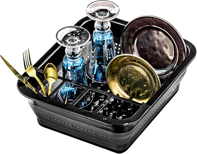 madesmart Collapsible Dish Rack, Foldable Dish Drying Station for Plates, Bowls, Cups & Utensils, Integrated Draining Board, Non Slip Base, Durable & Easy-Clean Kitchen Drying Organizer, Carbon