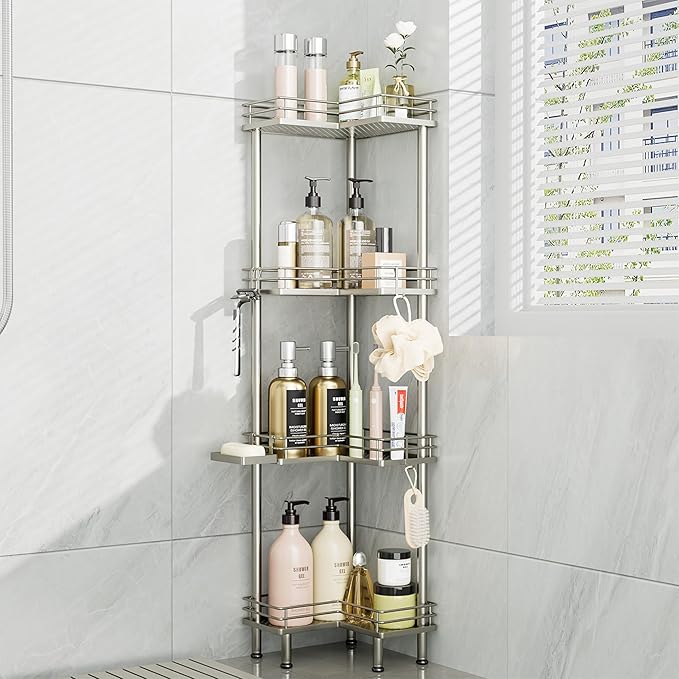 Consumest Corner Shower Caddy Standing - 4-Tier Stainless Steel Shower Organizer with Soap Holder and 4 Hooks, Large Capacity Corner Shelf Stand for Bathroom, Rest Room, Sand Nickel