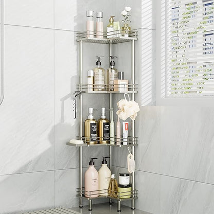 Consumest Corner Shower Caddy Standing - 4-Tier Stainless Steel Shower Organizer with Soap Holder and 4 Hooks, Large Capacity Corner Shelf Stand for Bathroom, Rest Room, Sand Nickel