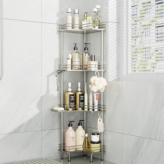 Consumest Corner Shower Caddy Standing - 4-Tier Stainless Steel Shower Organizer with Soap Holder and 4 Hooks, Large Capacity Corner Shelf Stand for Bathroom, Rest Room, Sand Nickel
