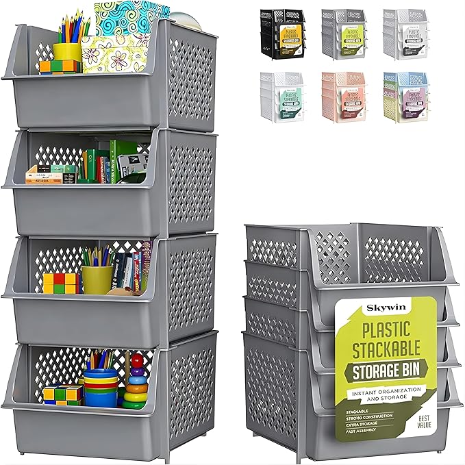 Skywin Stackable Storage Bins Open Front for Pantry Storage, 4 Pack - Grey | Sturdy Plastic, Easy Stacking, Open Front Access, Ventilated Sides, Vertical & Space Saving Pantry Organizers and Storage Bin