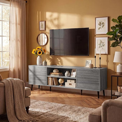 JUMMICO Mid-Century Modern TV Stand for 65-70 Inch TVs, 63 Inch Media Console with Storage, Entertainment Center with Push-Open Cabinets and Cable Management for Living Room (Grey, 63 Inches)