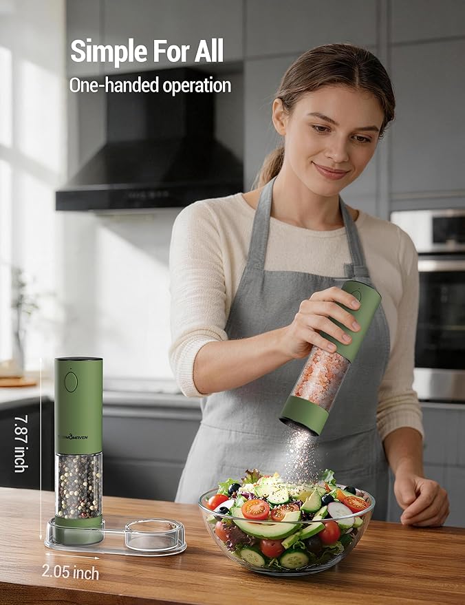 ThermoMaven Electric Salt and Pepper Grinder Set, 110ml Larger Rechargeable Automatic Salt and Pepper Mill Grinder with 6 Adjustable Coarseness, Electric Salt and Pepper Shakers, LED, Matcha