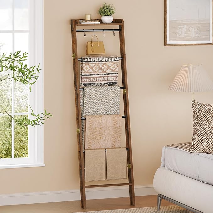 Hzuaneri Blanket Ladder Shelf, Decorative Quilt Rack, 7-Tier Farmhouse Ladder Holder Organizer with 4 Removable Hooks 7.9" D x 17.3" W x 66.9" H, Rustic Brown BR36801B