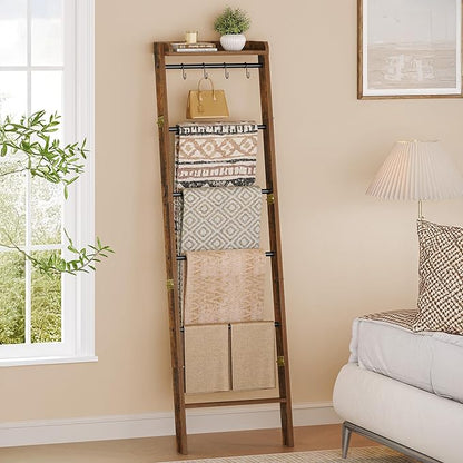 Hzuaneri Blanket Ladder Shelf, Decorative Quilt Rack, 7-Tier Farmhouse Ladder Holder Organizer with 4 Removable Hooks 7.9" D x 17.3" W x 66.9" H, Rustic Brown BR36801B