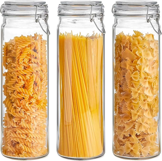 ComSaf 3-Pack 68oz 13-Inch Tall Glass Pasta Containers for Spaghetti & Long Pasta, Slender Airtight Canisters for Vertical Pantry Organization, Food Storage Jars for Linguine & Breadsticks