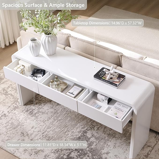 63'' Console Table with 3 Drawers, Modern Entryway Table with Curved Profile Design, Narrow Long Wood Sofa Table Behind Couch Table for Living Room, Hallway, Foyer, White
