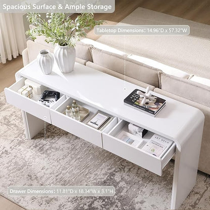 63'' Console Table with 3 Drawers, Modern Entryway Table with Curved Profile Design, Narrow Long Wood Sofa Table Behind Couch Table for Living Room, Hallway, Foyer, White