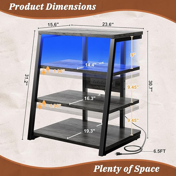 Armocity 4-Tier AV Media Stand with Power Strips, Stereo Stand with LED Lights, Rack Audio Tower with Adjustable Shelves, Small Entertainment Center, 30'', Grey Oak