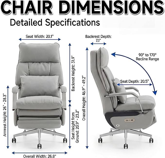 Dual Motor Executive Home Reclining Office Chair with Footrest - One-Click Electric Recline with Massage & Pillow Support Big and Tall PU Leather Ergonomic Desk Chair, High Back Wide Seat (Gray)