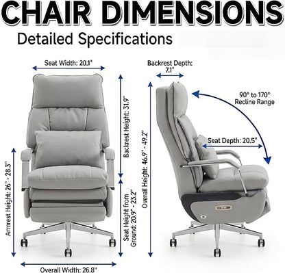 Dual Motor Executive Home Reclining Office Chair with Footrest - One-Click Electric Recline with Massage & Pillow Support Big and Tall PU Leather Ergonomic Desk Chair, High Back Wide Seat (Gray)
