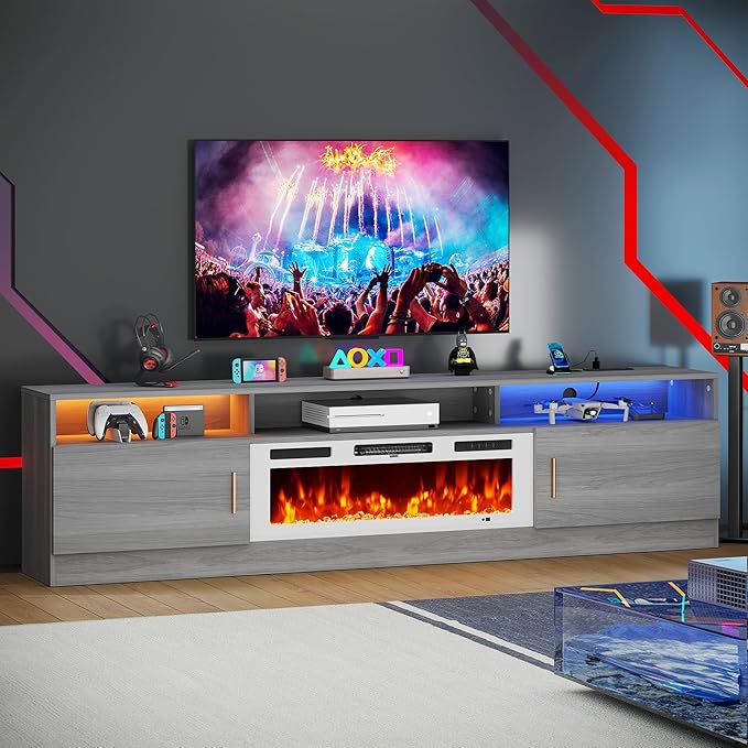 MXV 78" Fireplace TV Stand with Power Outlet for TVs UP to 90", Electric Fireplace Entertainment Center with LED Lights & Storage Cabinets, TV Console for Living Room, Office, Grey-White