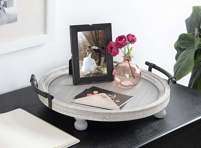 Kate and Laurel Bruillet Farmhouse Round Tray, 15 inch Diameter, Rustic Gray, Wooden Tray for Coffee Table