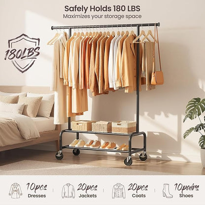 Clothes Rack for Hanging Clothes, Portable Clothing Rack with Wheels Sturdy Garment Organizer Metal Portable Wardrobe Closet with Double Shelves for Bedroom Laundry Living Room, Black
