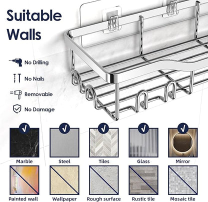 Shower Caddy Adhesive Shower Organizer 7-Pack, Rustproof Stainless Steel Bathroom Shelves, Large Capacity No-Drill Rack Storage Accessories with Soap Dish Toothbrush Holder Hooks