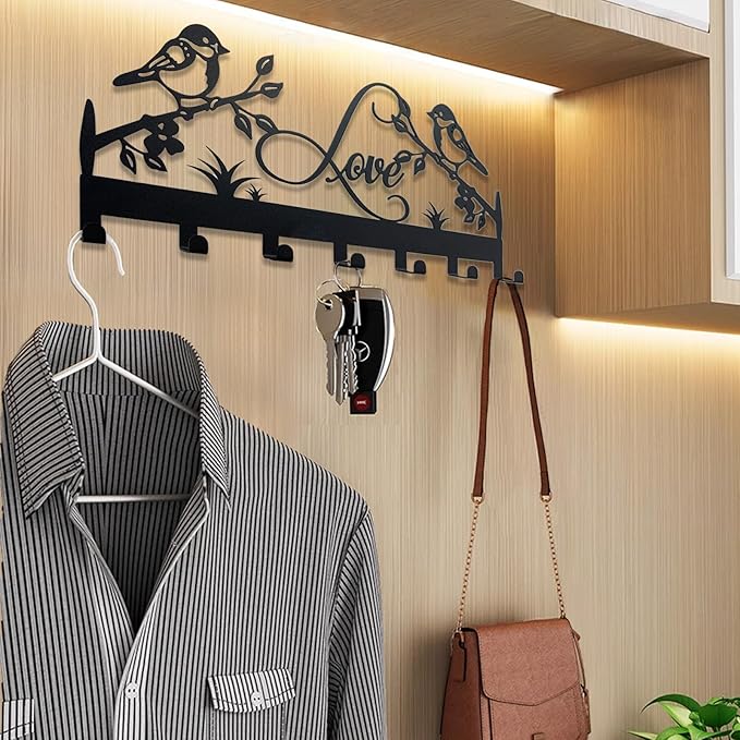 Metal Key Holder, Wall Mounted Key Hooks, Key Holder for Wall, Key Organizer Rack with 7 Hooks, Key Hanger Decor for Kitchen, Entryway, Hallway, Bedroom, Doorway (Birds 12IN)