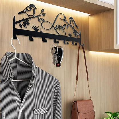 Metal Key Holder, Wall Mounted Key Hooks, Key Holder for Wall, Key Organizer Rack with 7 Hooks, Key Hanger Decor for Kitchen, Entryway, Hallway, Bedroom, Doorway (Birds 12IN)